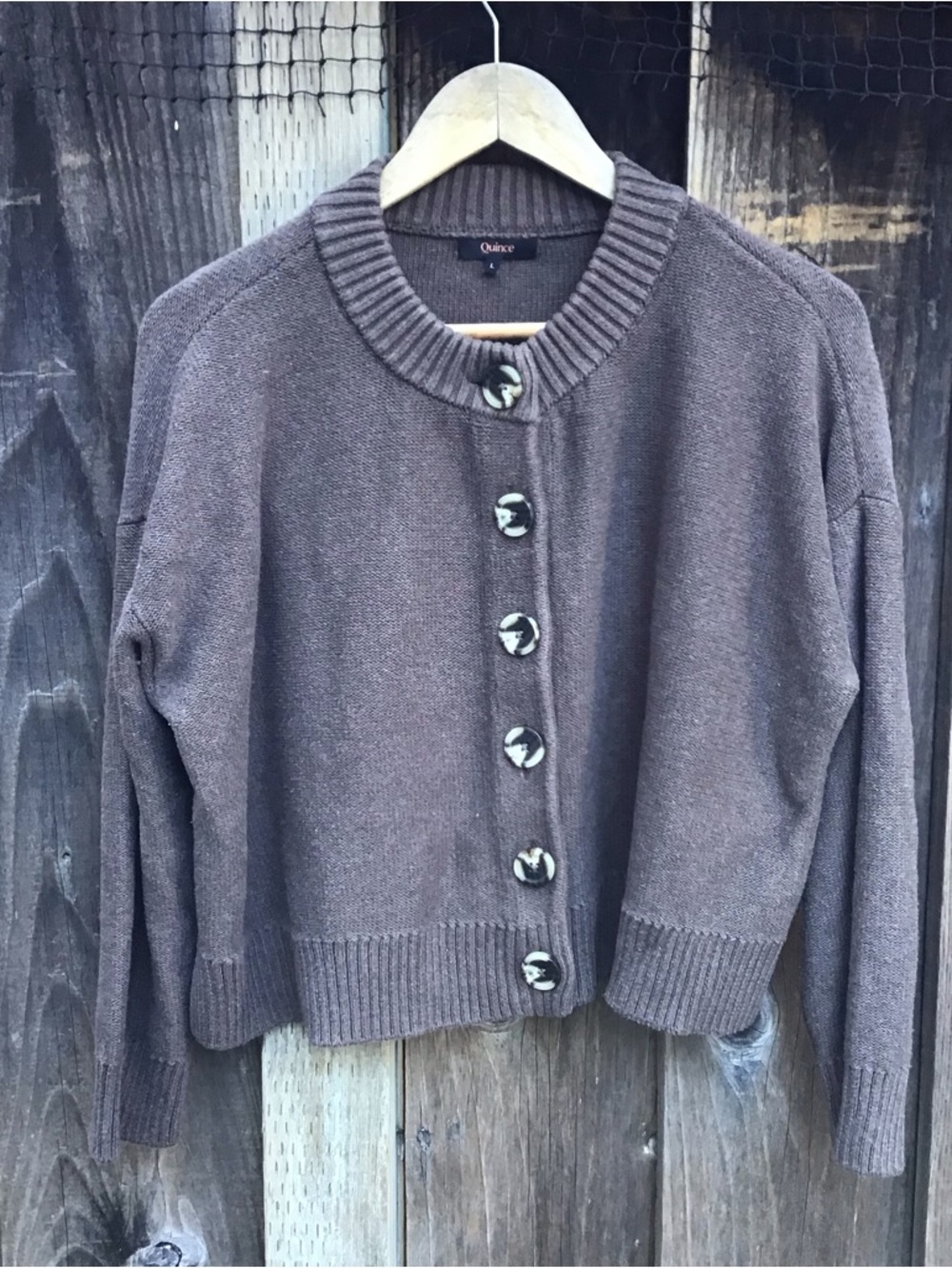 Quince Organic Cotton Cropped Cardigan Womens Large Brown Button Sweater